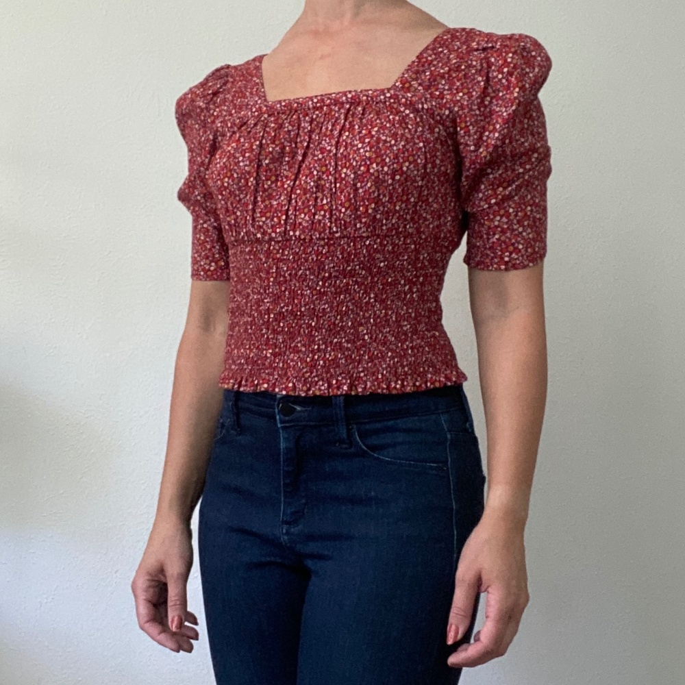 Target Universal Thread Red Floral Crop Stretch Sweetheart Top - XS
